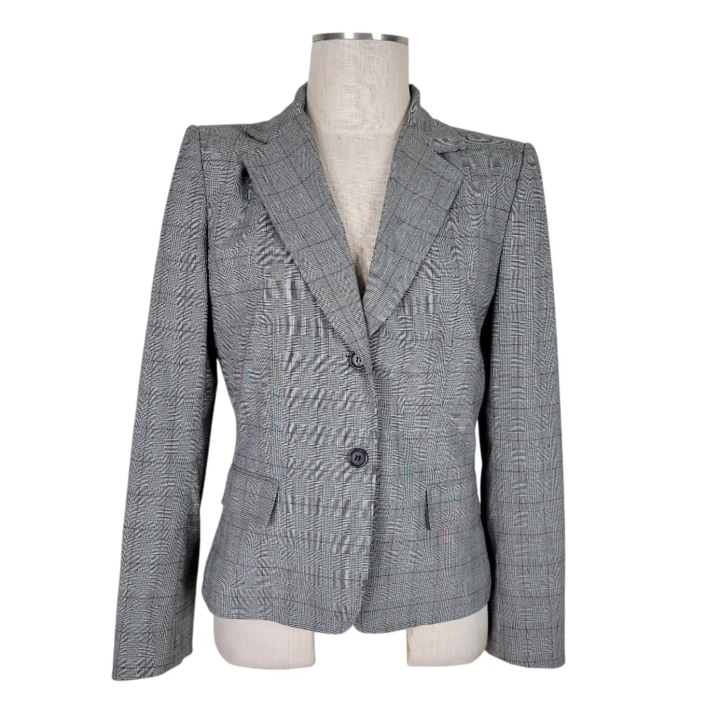 Tahari ASL Blazer Size 10 Gray Black Purple Glen Plaid Flap Pockets 2 Button